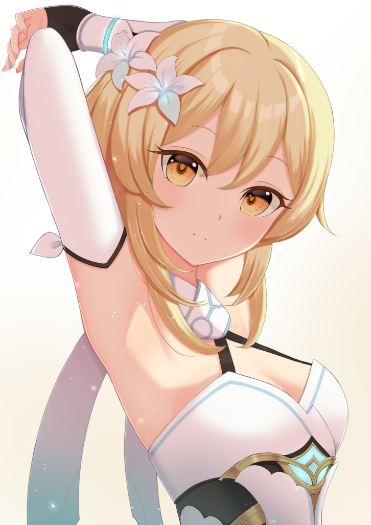 1girl, armpits, arms_up, bangs, blonde_hair, blush, breasts, brown_background, brown_eyes, closed_mouth, commentary_request, denkaisui, detached_sleeves, dress, eyebrows_visible_through_hair, female_traveler_(genshin_impact), flower, genshin_impact, gradient, gradient_background, hair_between_eyes, hair_flower, hair_ornament, halterneck, long_sleeves, looking_at_viewer, medium_breasts, sleeves_past_wrists, solo, upper_body, white_background, white_dress, white_flower, white_sleeves