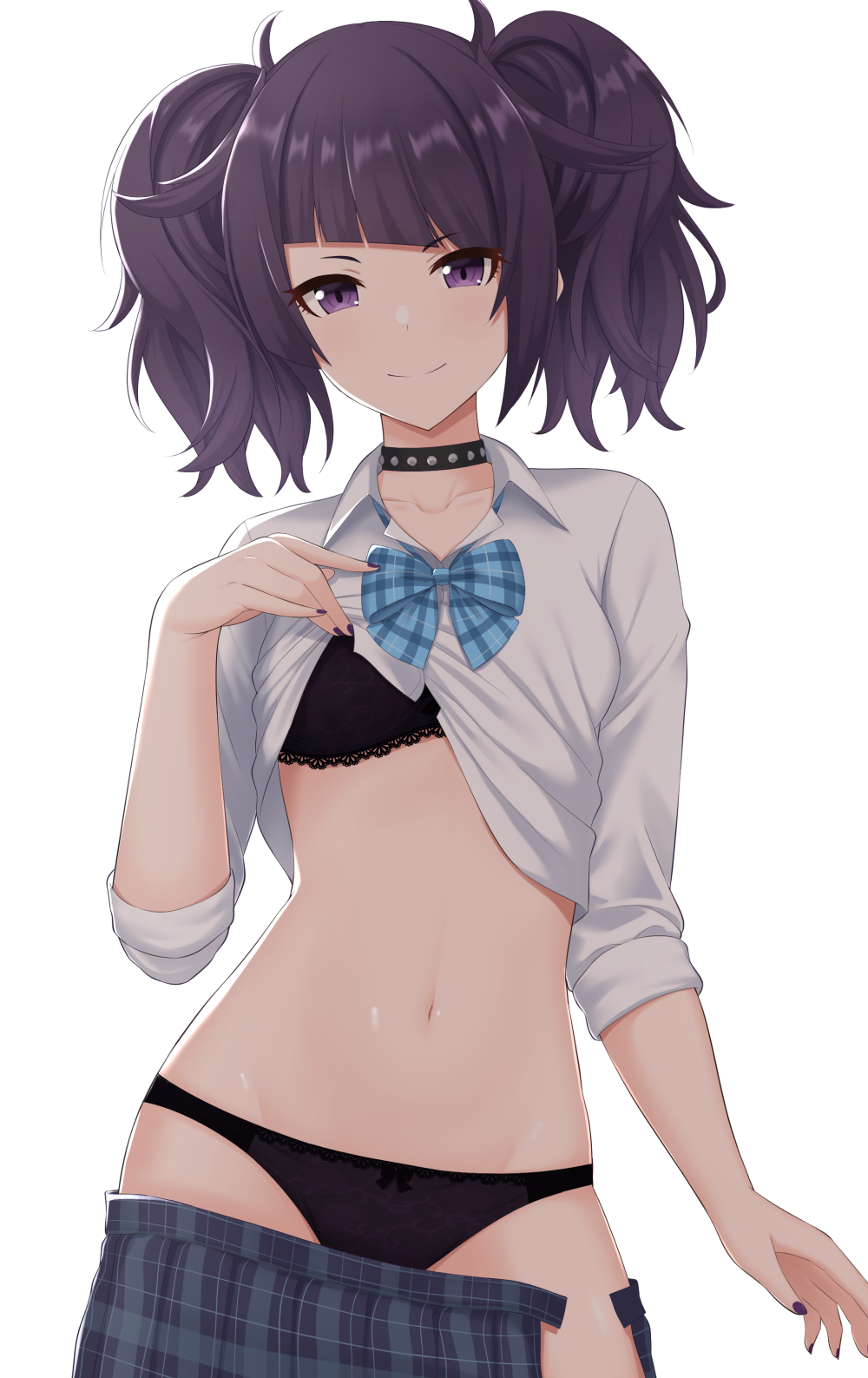 1girl, backlighting, bangs, black_bra, black_choker, black_panties, blue_neckwear, blue_skirt