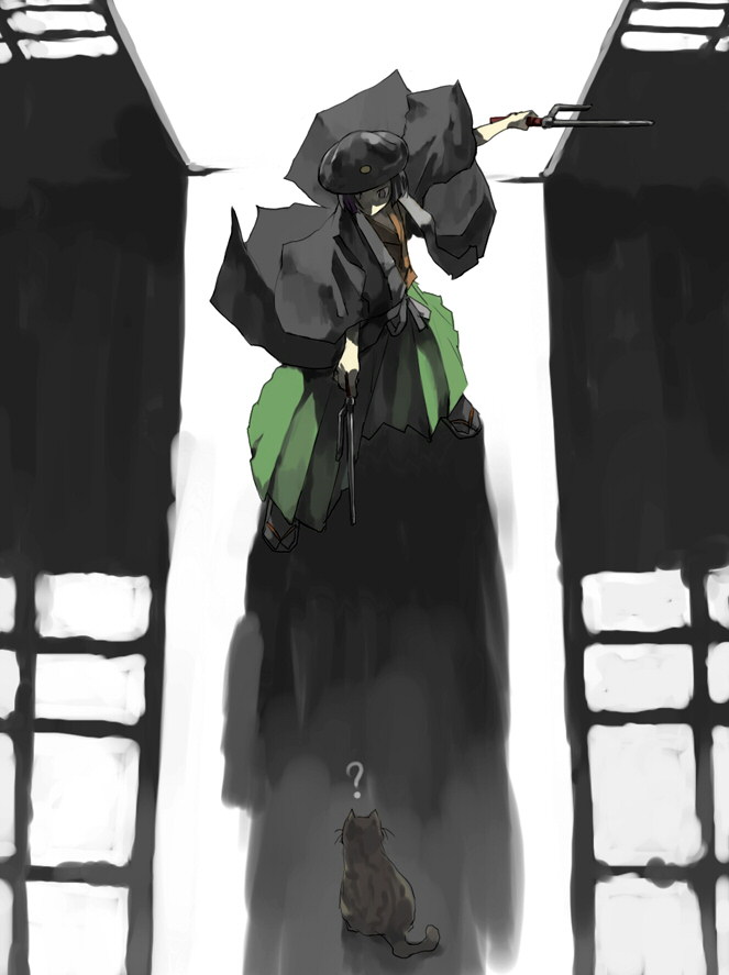 cat, hat, japanese_clothes, jitte, knife, pixiv, pixiv_shogunate, weapon, yamaada