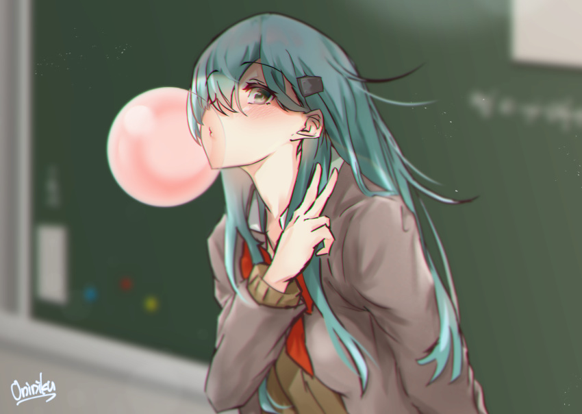 1girl, aqua_eyes, aqua_hair, artist_name, blazer, blurry, brown_jacket, bubble_blowing