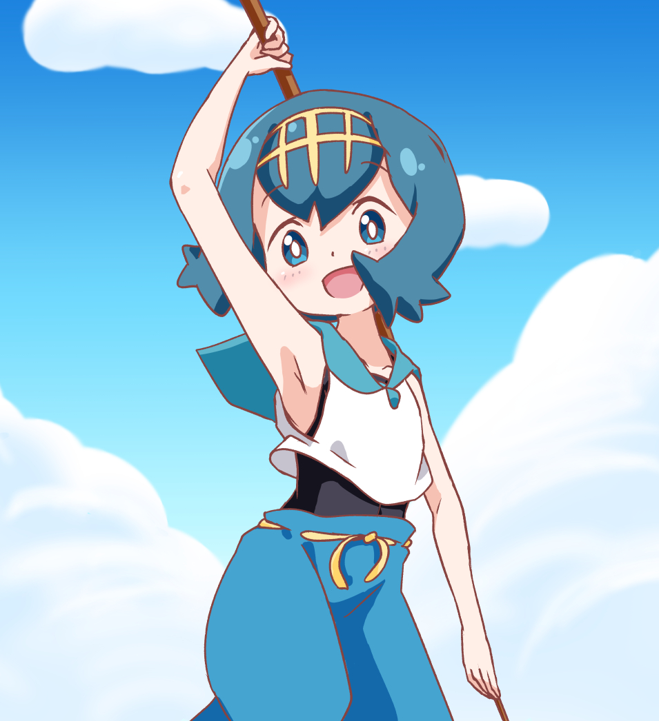 1girl, :d, arm_up, armpits, bangs, blue_eyes, blue_hair, blue_pants, blue_sailor_collar, blush, clouds, collarbone, commentary_request, covered_navel, day, eyebrows_visible_through_hair, gold_hairband, hairband, happy, holding, looking_at_viewer, no_sclera, one-piece_swimsuit, open_mouth, owlz, pants, pokemon, pokemon_(game), pokemon_sm, sailor_collar, shirt, short_hair, sky, sleeveless, smile, solo, suiren_(pokemon), swimsuit, swimsuit_under_clothes, trial_captain