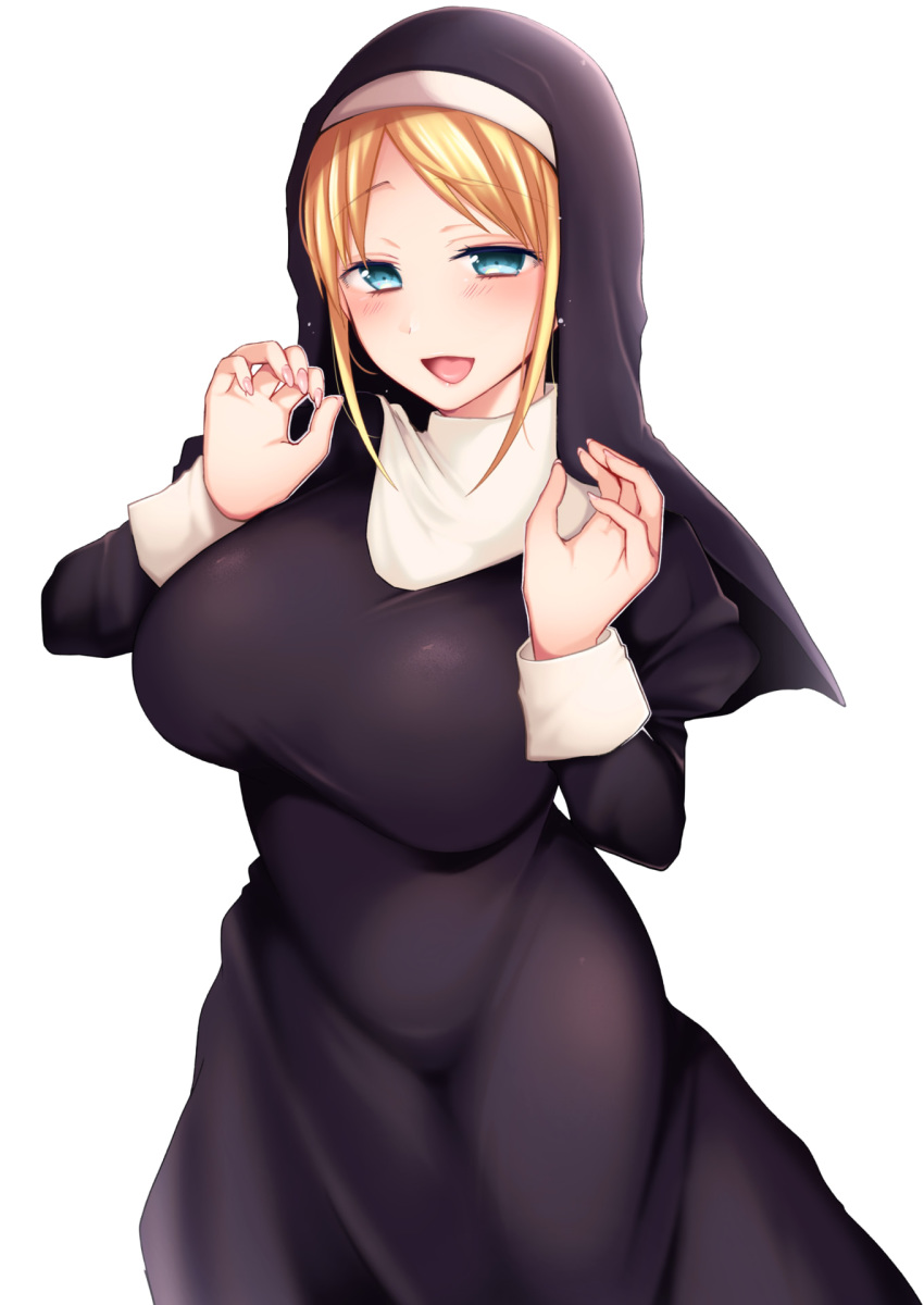 1girl, bangs, black_dress, blonde_hair, blue_eyes, blush, breasts, comic_kairakuten