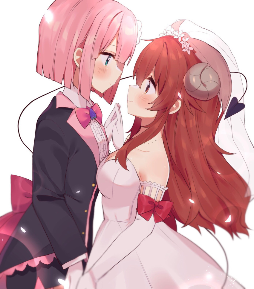 2girls, ahoge, bare_shoulders, blush, bride, brown_hair, chiyoda_momo, curled_horns