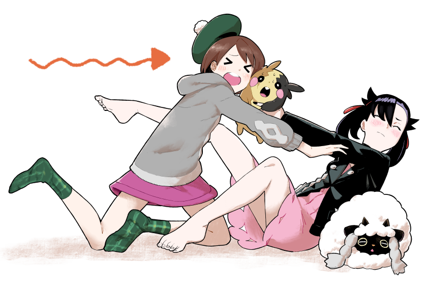 >_<, 2girls, bangs, barefoot, black_nails, blush, brown_hair, cardigan