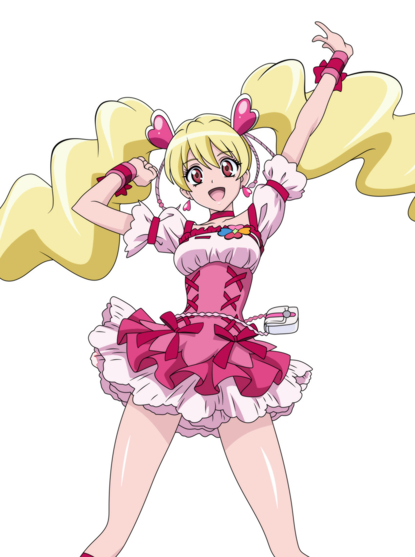 1girl, :d, absurdres, anime_coloring, arm_up, bangs, blonde_hair, bow