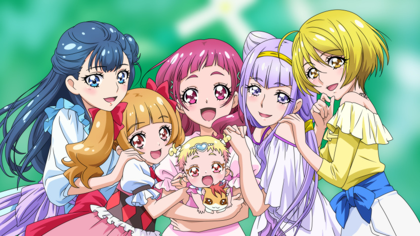 5girls, :d, aisaki_emiru, anime_coloring, baby, back_bow, blonde_hair, blue_dress