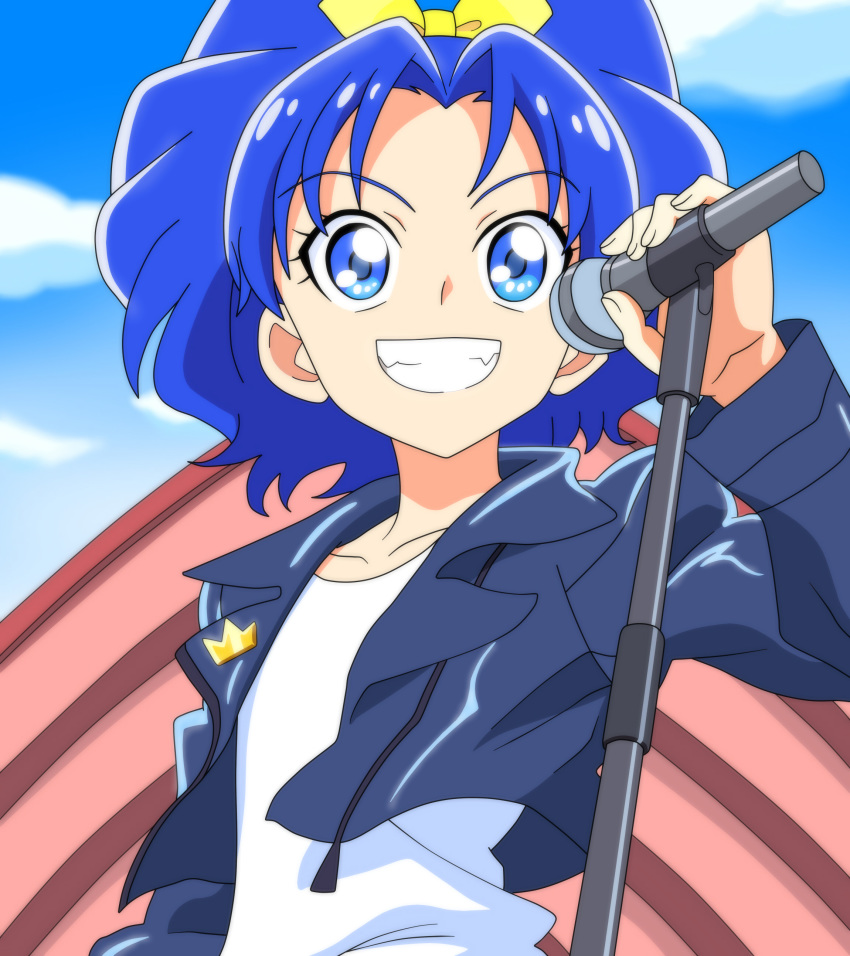 1girl, absurdres, anime_coloring, blue_eyes, blue_hair, blue_jacket, blue_sky, blurry