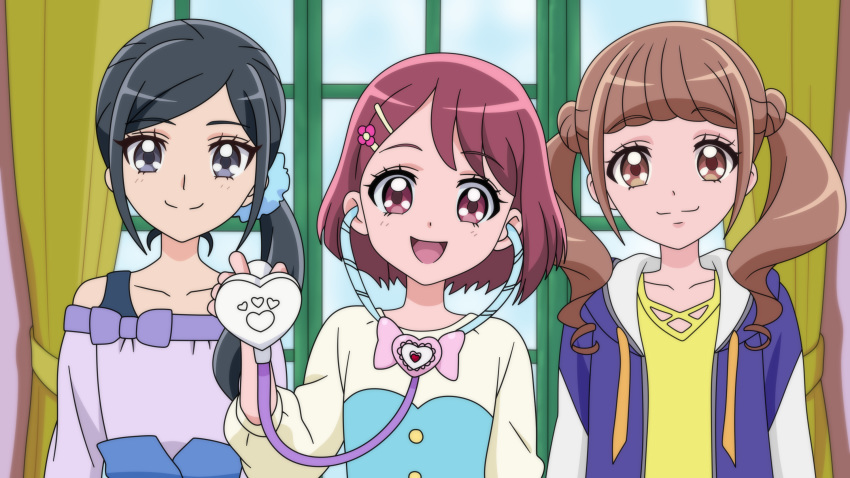 3girls, :d, anime_coloring, bangs, black_hair, blue_scrunchie, blunt_bangs, brown_eyes