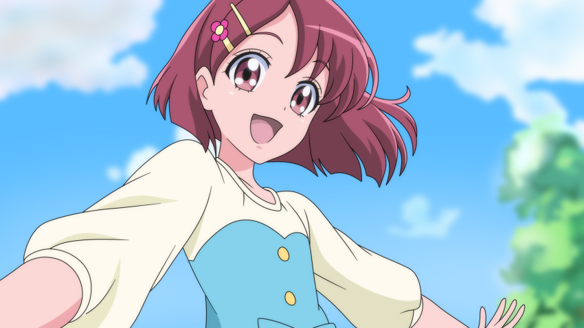 1girl, :d, anime_coloring, bangs, blue_sky, blurry, blurry_background, brown_eyes
