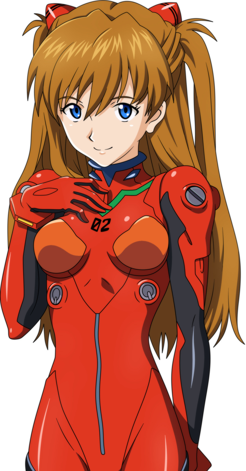 1girl, absurdres, anime_coloring, bangs, blue_eyes, bodysuit, breasts, breasts_apart, brown_hair, closed_mouth, dearigazu2001, eyebrows_visible_through_hair, hair_between_eyes, headgear, highres, long_hair, neon_genesis_evangelion, plugsuit, red_bodysuit, shiny, shiny_clothes, shiny_hair, small_breasts, smile, solo, souryuu_asuka_langley, standing, twintails, very_long_hair