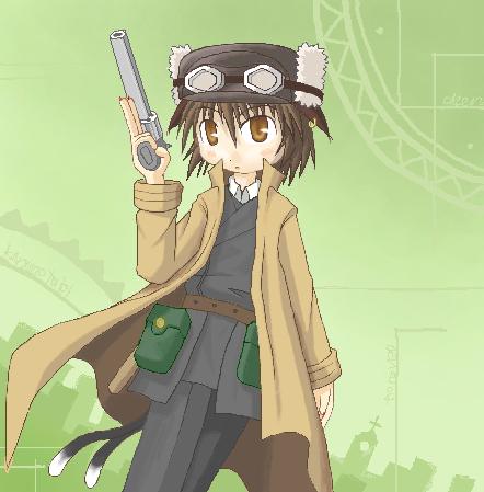 chen, cosplay, earrings, goggles, google, gun, handgun, hat