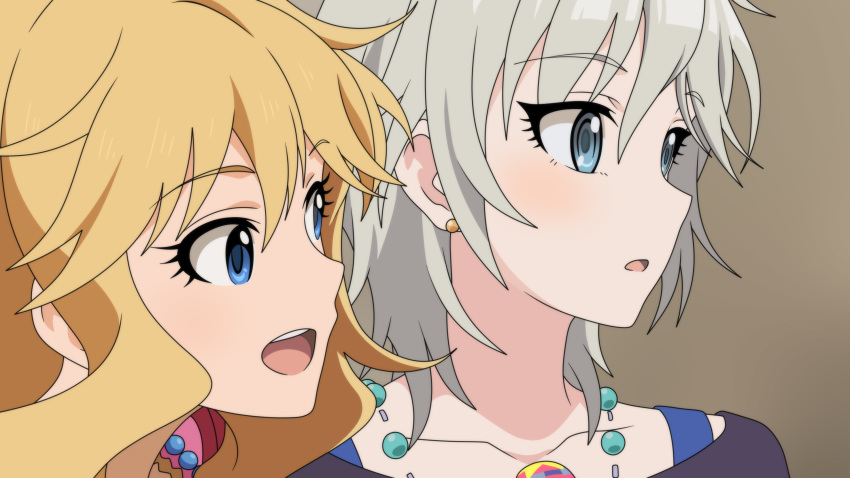 2girls, :d, anastasia_(idolmaster), anime_coloring, blonde_hair, blue_eyes, collarbone, dearigazu2001