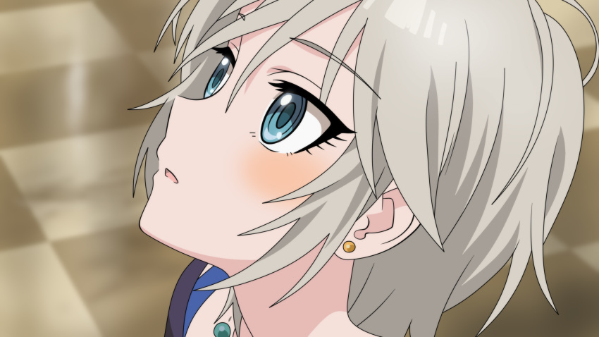 1girl, anastasia_(idolmaster), anime_coloring, bangs, blue_eyes, blurry, blurry_background, blush