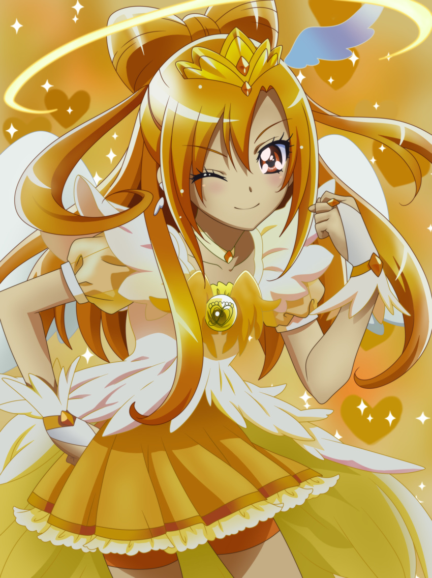 1girl, ;), absurdres, bangs, bike_shorts, blonde_hair, bridal_gauntlets, brown_eyes
