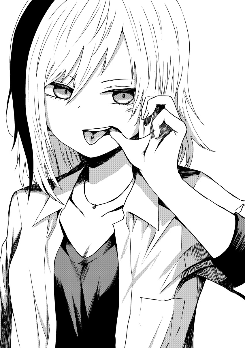 1girl, absurdres, breasts, collarbone, collared_shirt, commentary, eyebrows_behind_hair, finger_in_mouth