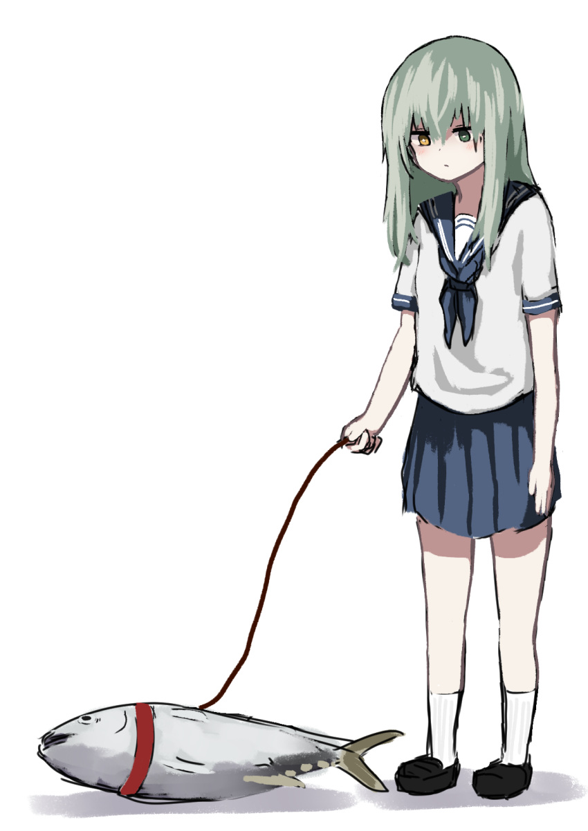+_-, ankle_socks, ascot, blue_neckwear, blue_skirt, brown_eyes, fish, full_body