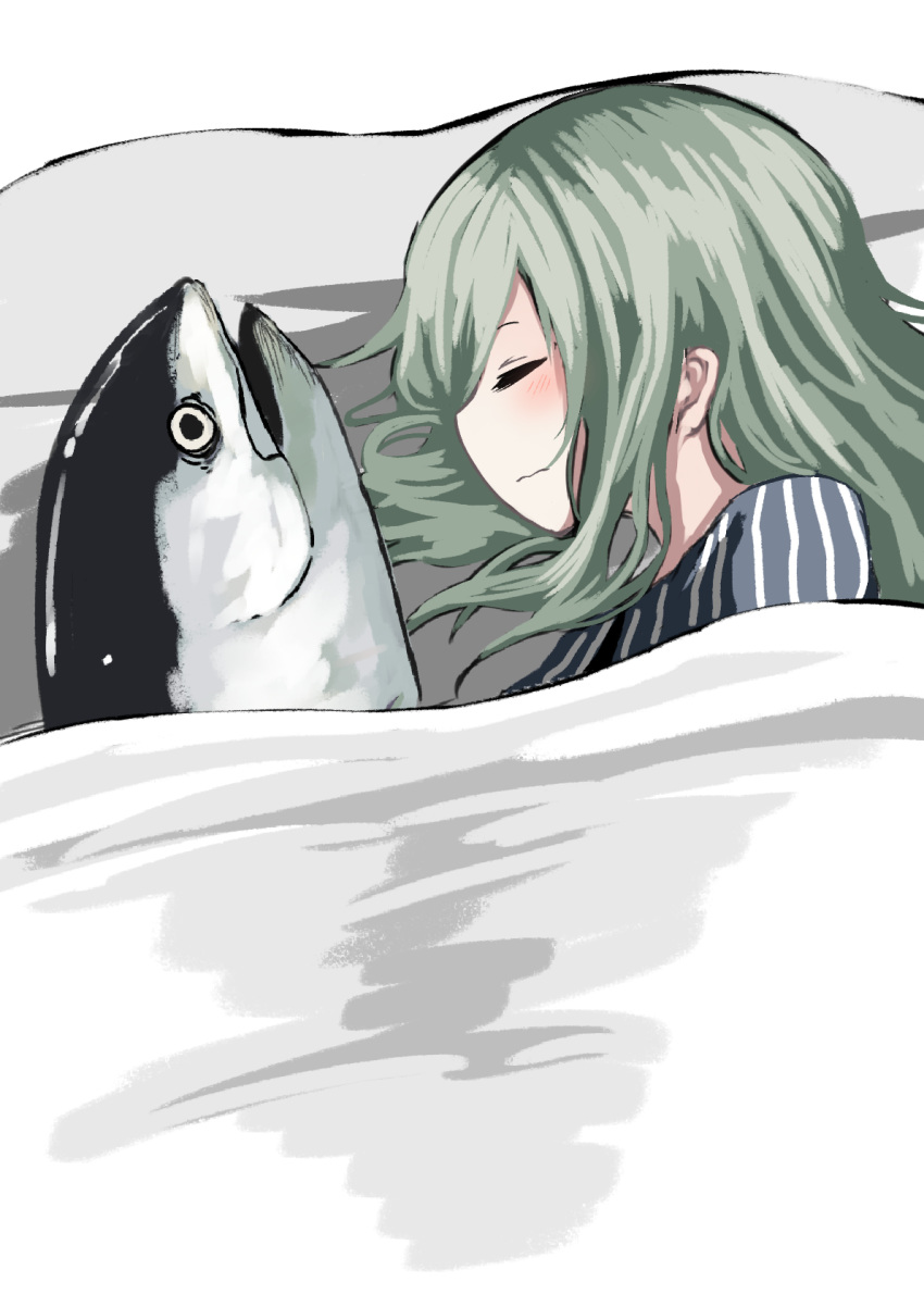 1girl, closed_eyes, fish, green_hair, highres, kamatama, kuso_zako_choroin_nishiga_hachi, long_hair