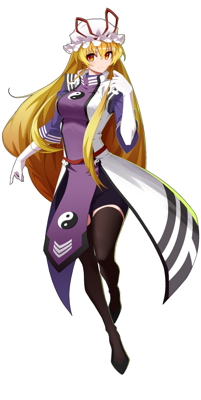 1girl, absurdres, alternate_costume, alternate_eye_color, bangs, belt, big_hair, black_footwear, blonde_hair, breasts, brown_legwear, coat, elbow_gloves, eyebrows_visible_through_hair, full_body, gloves, hand_up, hat, hat_ribbon, high_heels, highres, jiuchong_qing, jpeg_artifacts, large_breasts, layered_clothing, long_hair, long_sleeves, looking_to_the_side, miniskirt, mob_cap, orange_eyes, outline, purple_skirt, red_belt, reflective_eyes, ribbon, shiny, shiny_hair, short_sleeves, sidelighting, sidelocks, sideways_glance, simple_background, skirt, smile, solo, tabard, thigh-highs, thighs, touhou, trigram, very_long_hair, white_background, white_coat, white_gloves, white_headwear, yakumo_yukari, yin_yang_print, zettai_ryouiki