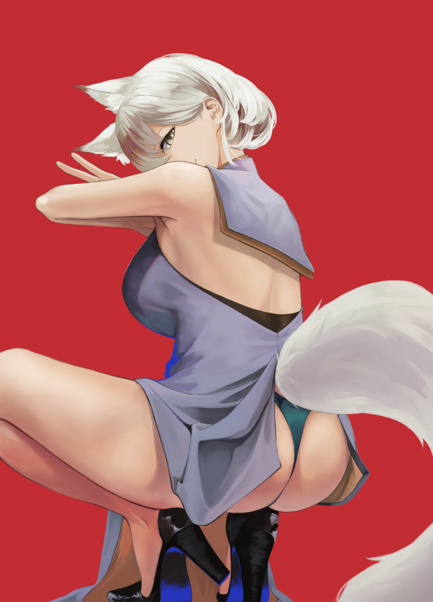 1girl, animal_ear_fluff, animal_ears, ass, black_footwear, blue_dress, blue_panties, breasts, dress, extra_ears, fox_ears, fox_girl, fox_tail, from_behind, grey_eyes, high_heels, highres, large_breasts, mori_yashiro_(konkon_oyashiro), original, panties, red_background, short_hair, simple_background, sleeveless, sleeveless_dress, smile, solo, squatting, tail, underwear, white_hair