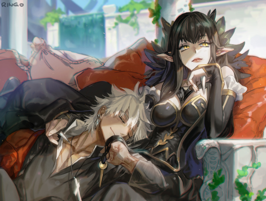 1boy, 1girl, absurdly_long_hair, amakusa_shirou_(fate), artist_name, bangs, black_dress, black_hair