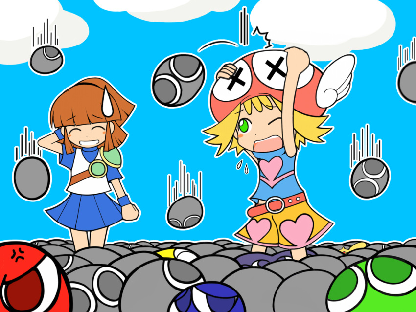 amitie, amitie_(puyopuyo), arle_nadja, belt, blonde_hair, blush, brown_hair, closed_eyes