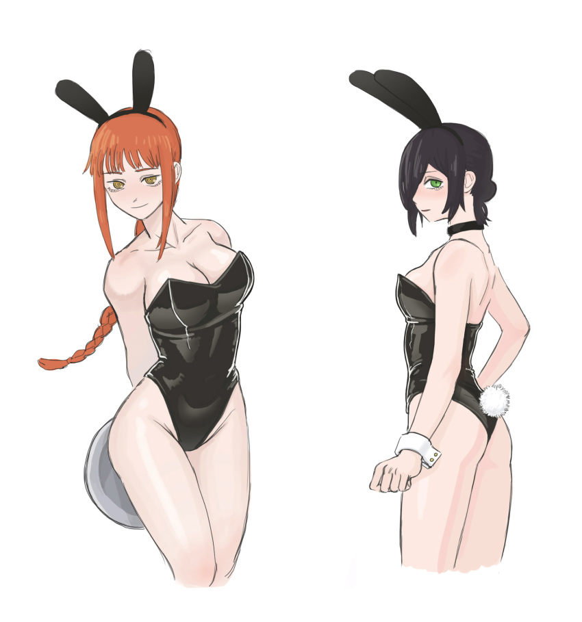 2girls, alternate_costume, animal_ears, arms_behind_back, bangs, black_choker, black_hair, braid, braided_ponytail, breasts, brown_hair, bunny_girl, bunny_tail, bunnysuit, chainsaw_man, choker, dd36051, eyebrows, green_eyes, highres, large_breasts, leotard, makima_(chainsaw_man), medium_breasts, medium_hair, multiple_girls, rabbit_ears, reze_(chainsaw_man), ringed_eyes, short_hair, simple_background, smile, tail, white_background, yellow_eyes