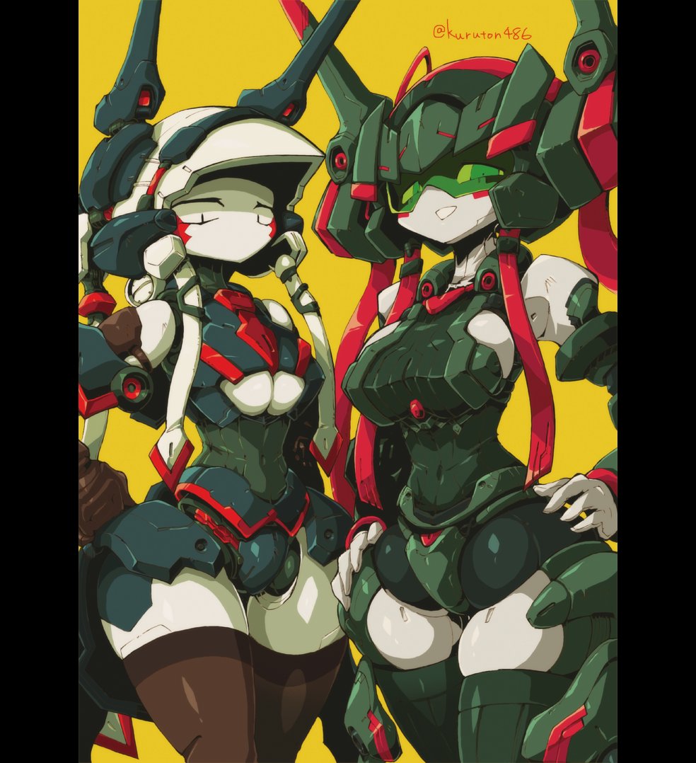 2girls, black_eyes, breasts, crossed_legs, green_eyes, hands_on_hips, kuruton486, large_breasts