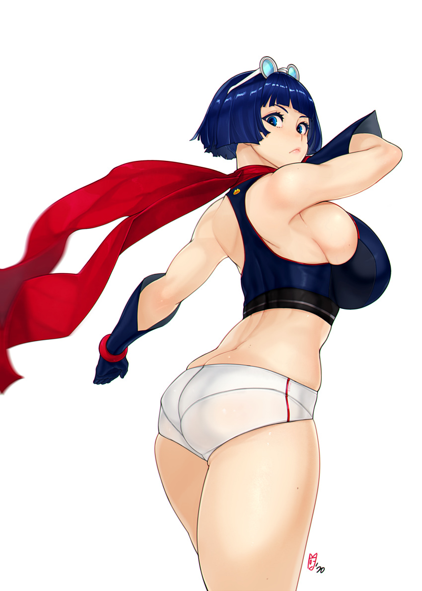 1girl, ass, bangs, bare_shoulders, blue_eyes, blue_gloves, blue_hair, blunt_bangs