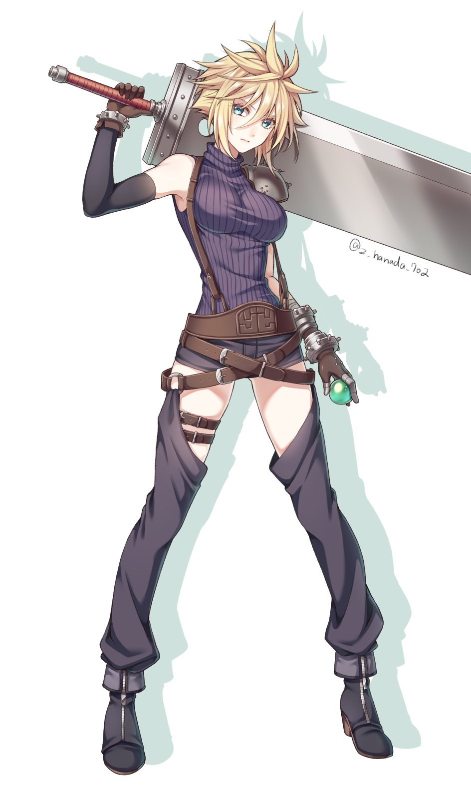 1girl, armor, asymmetrical_hair, asymmetrical_legwear, asymmetrical_sleeves, bangs, black_footwear, black_gloves
