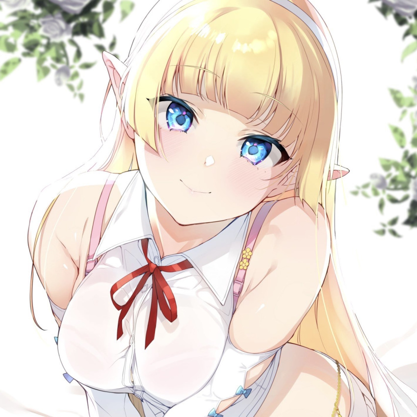 1girl, bangs, bare_shoulders, blonde_hair, blue_eyes, breasts, closed_mouth, collared_shirt