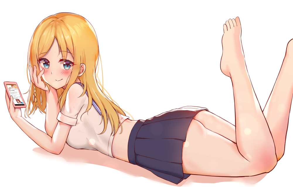 1girl, bangs, barefoot, black_skirt, blonde_hair, blue_eyes, blue_sailor_collar, blush