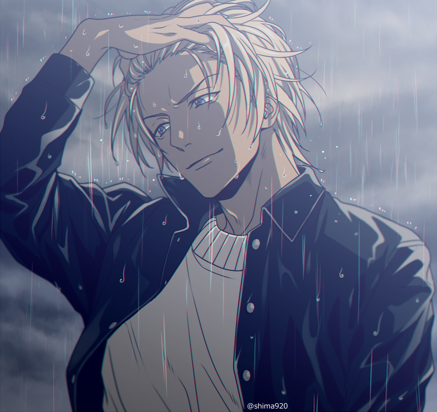 1boy, amuro_tooru, arm_up, black_jacket, blonde_hair, blue_eyes, closed_mouth, clouds