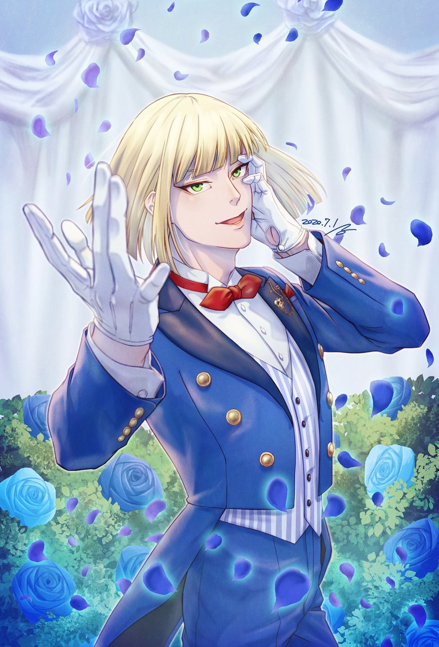 1boy, blonde_hair, blue_flower, blue_pants, blue_suit, dated, flower, gloves