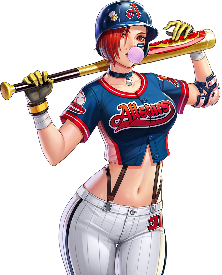 1girl, alternate_costume, artist_request, baseball_bat, baseball_helmet, baseball_jersey, baseball_uniform, breasts, bubble_blowing, chewing_gum, choker, collarbone, cowboy_shot, crop_top, elbow_pads, eye_black, glint, gloves, helmet, lips, looking_at_viewer, medium_breasts, midriff, navel, official_art, red_eyes, redhead, short_hair, solo, sportswear, suspenders, the_king_of_fighters_all-stars, transparent_background, vanessa_(king_of_fighters)