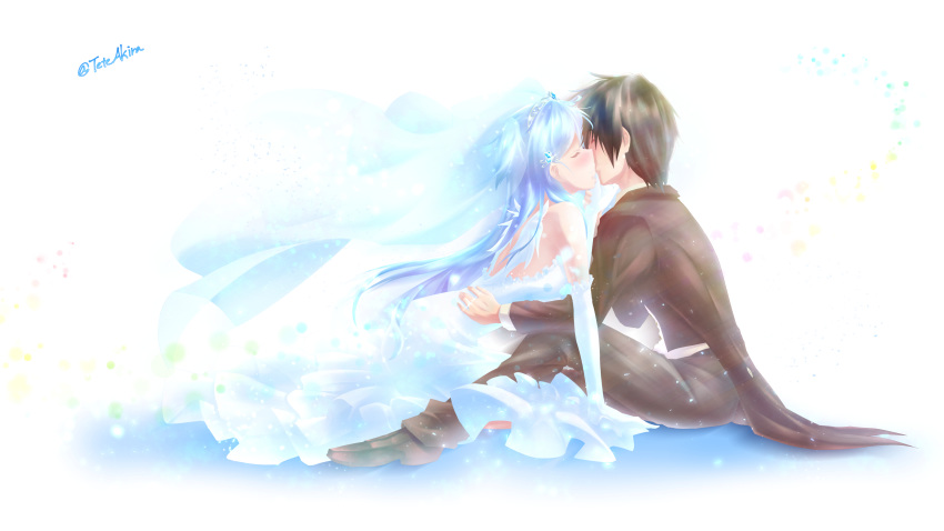 1boy, 1girl, absurdres, akira_(tete-akira), backless_dress, backless_outfit, black_hair, black_jacket, black_pants, blue_hair, bridal_veil, chtholly_nota_seniorious, diadem, dress, elbow_gloves, floating_hair, french_kiss, frilled_gloves, frills, from_side, gloves, hair_ornament, highres, husband_and_wife, jacket, kiss, layered_dress, long_dress, long_hair, long_sleeves, pants, shiny, shiny_hair, shuumatsu_nani_shitemasu_ka?, simple_background, sitting, twintails, twitter_username, veil, very_long_hair, wedding_dress, white_background, white_dress, white_gloves, willem_kmetsch