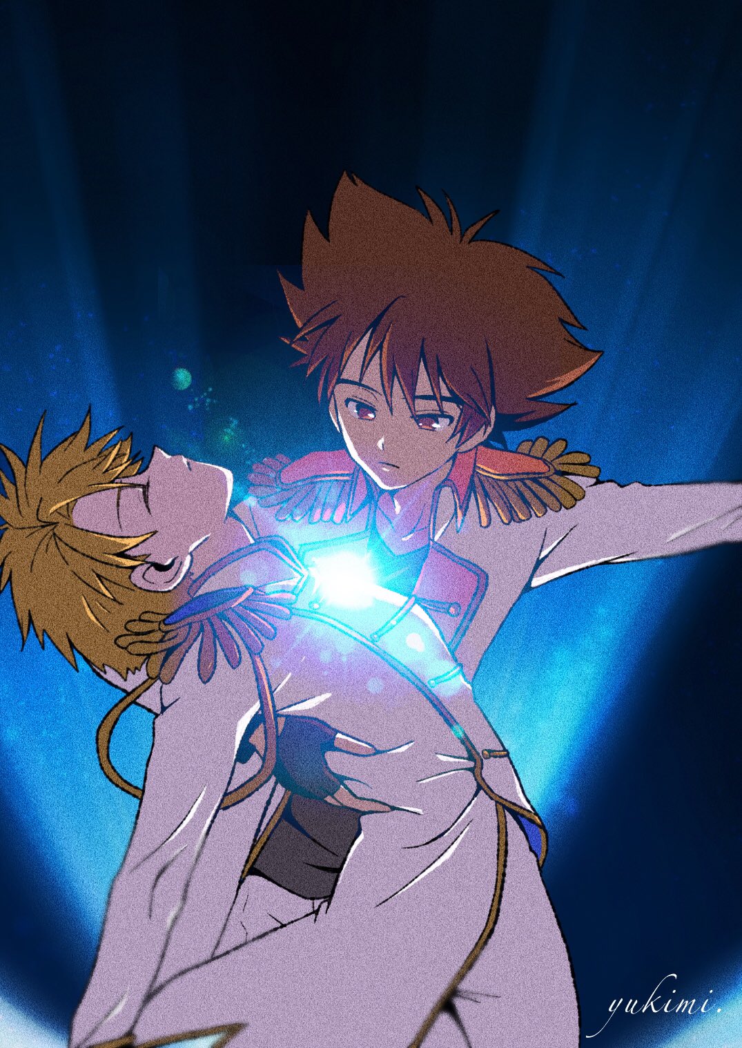 2boys, artist_name, black_gloves, blonde_hair, brown_hair, closed_eyes, closed_mouth, coat