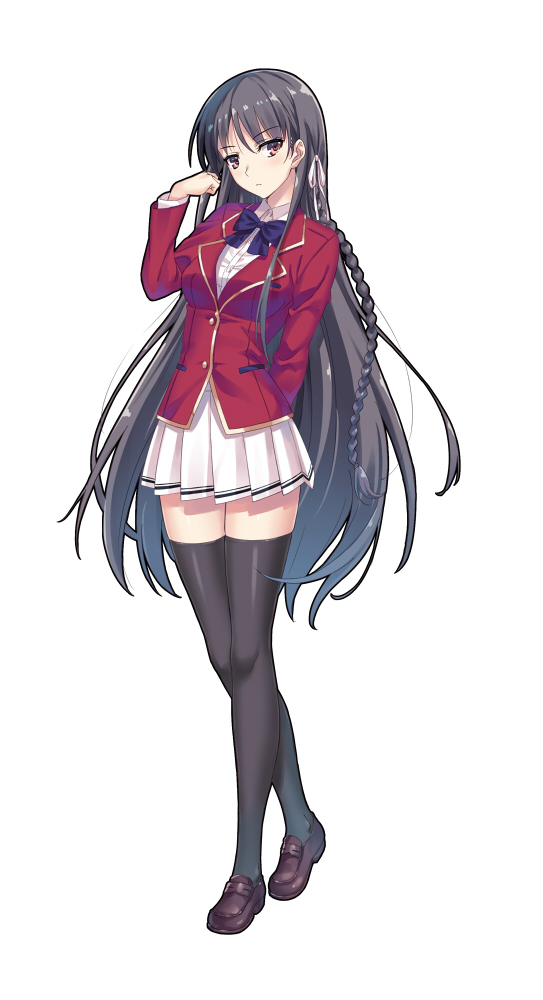 1girl, advanced_nurturing_high_school_uniform, bangs, black_hair, black_legwear, blue_neckwear, braid, brown_eyes