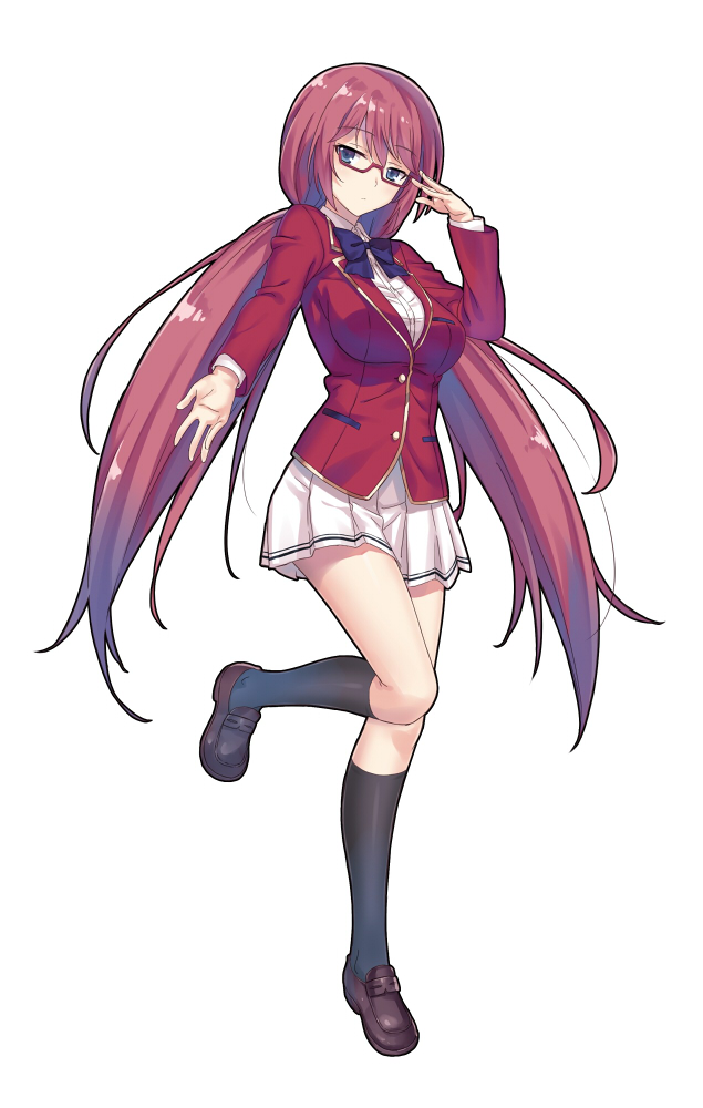 1girl, advanced_nurturing_high_school_uniform, bangs, black_legwear, blue_eyes, blue_neckwear, brown_footwear, closed_mouth