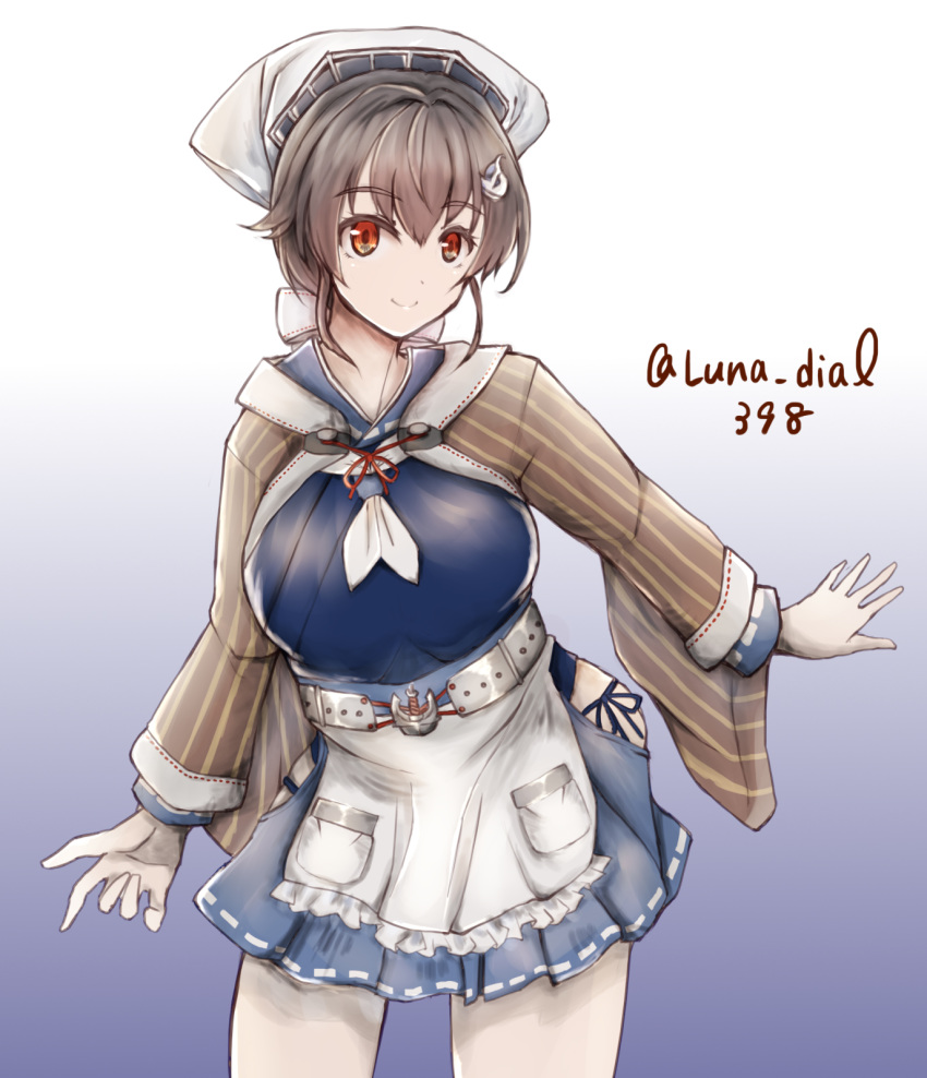 1girl, apron, bandana, black_hair, blue_background, blue_sailor_collar, blue_skirt, breasts