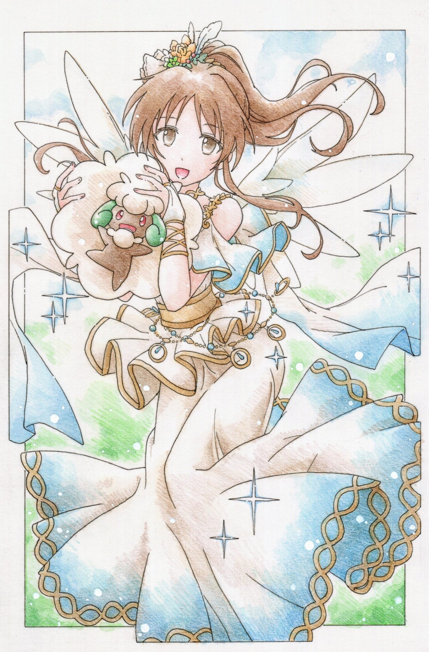 1girl, bare_shoulders, brown_eyes, brown_hair, colored_pencil_(medium), crossover, gen_5_pokemon, hair_ornament