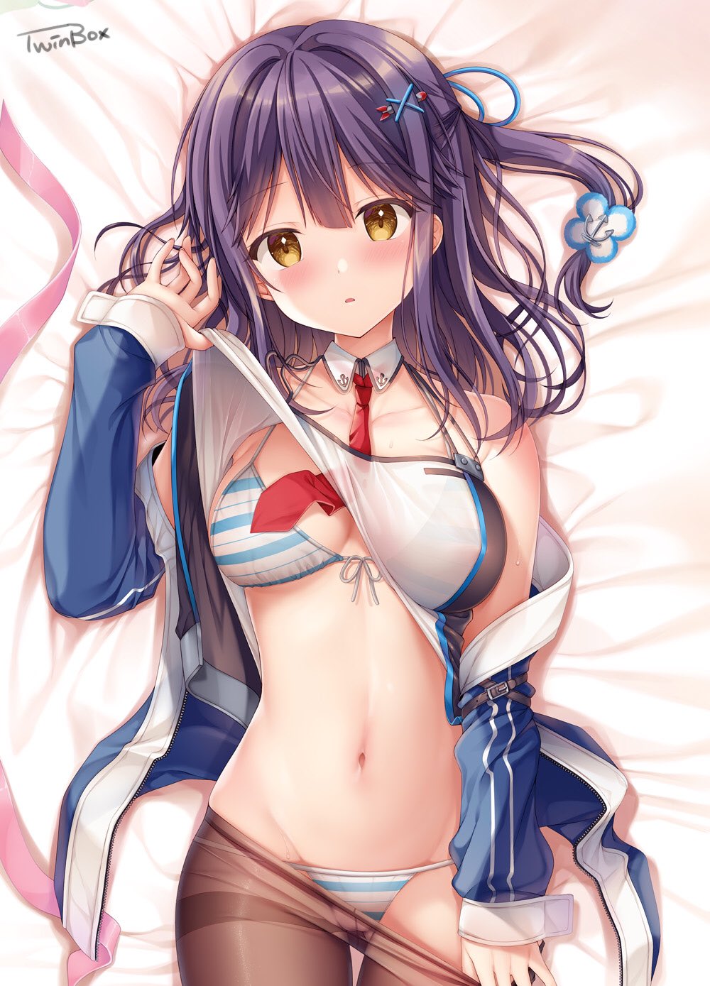 1girl, azur_lane, bare_shoulders, bed_sheet, bikini, black_hair, blue_jacket, breasts