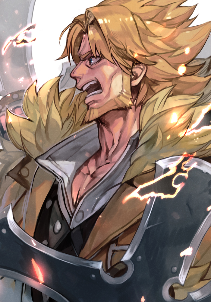1boy, beard, blonde_hair, blue_eyes, brown_coat, brown_jacket, coat, collared_shirt