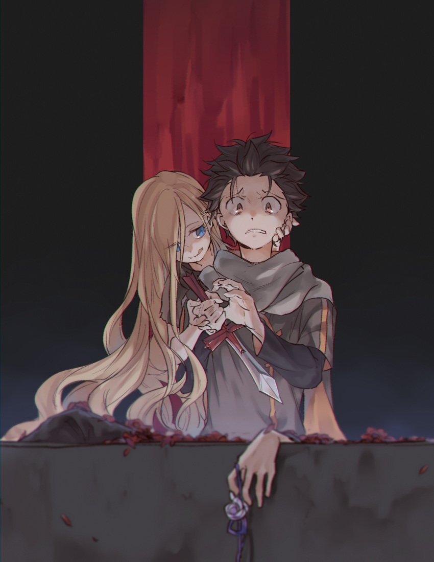 1boy, 1girl, blonde_hair, blue_eyes, hair_between_eyes, hand_on_another's_head, highres, inawa_akito