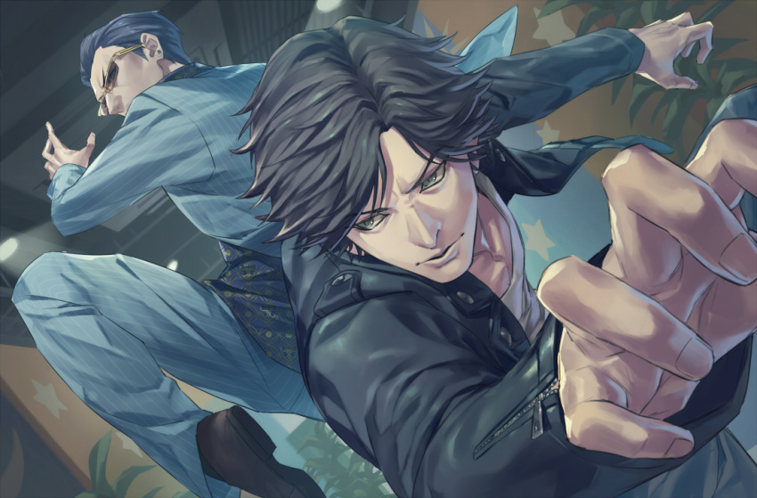 2boys, back-to-back, black_hair, black_jacket, black_shirt, brown_footwear, closed_mouth, collarbone