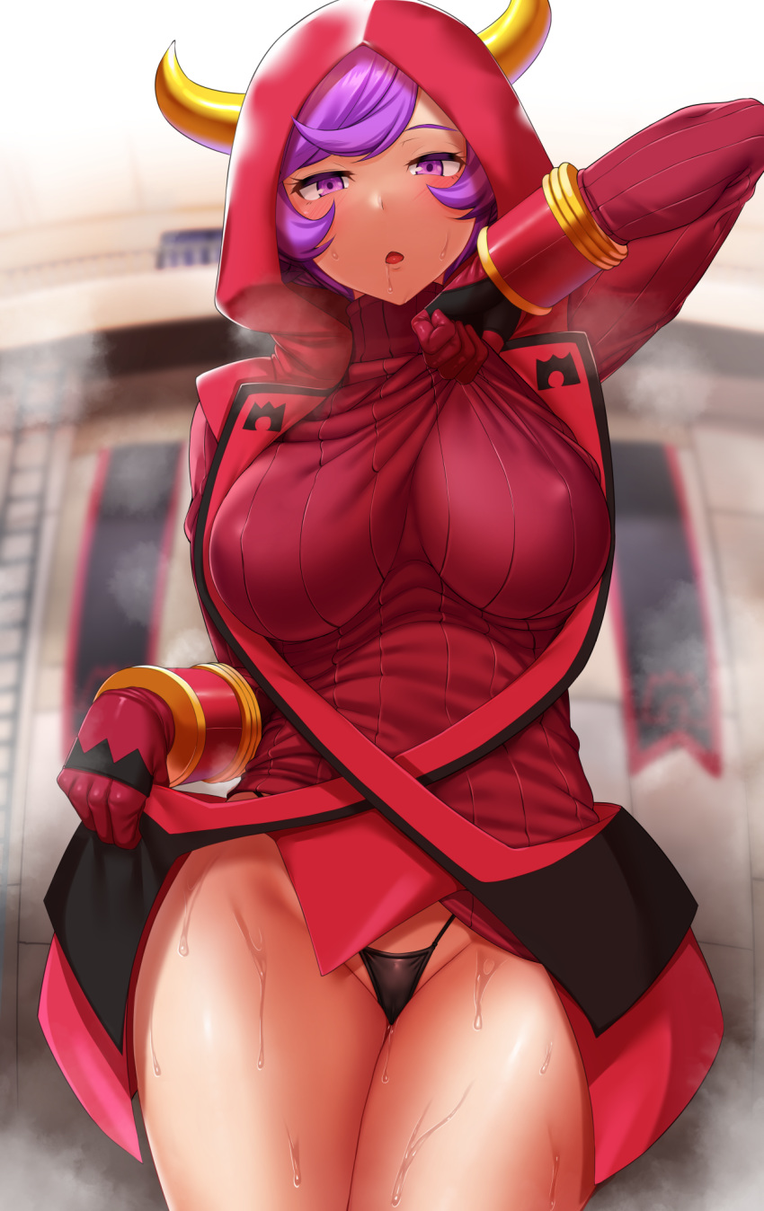 1girl, bangs, black_panties, blush, breasts, fake_horns, gloves, highleg