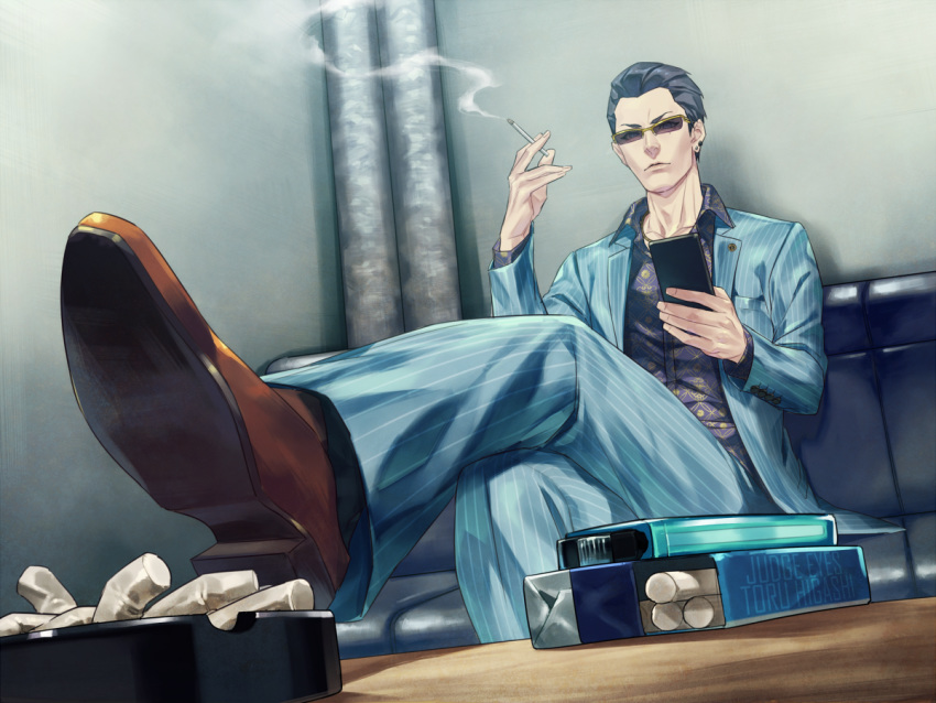 1boy, ashtray, black_hair, black_shirt, brown_footwear, cigarette, cigarette_box, cigarette_butt