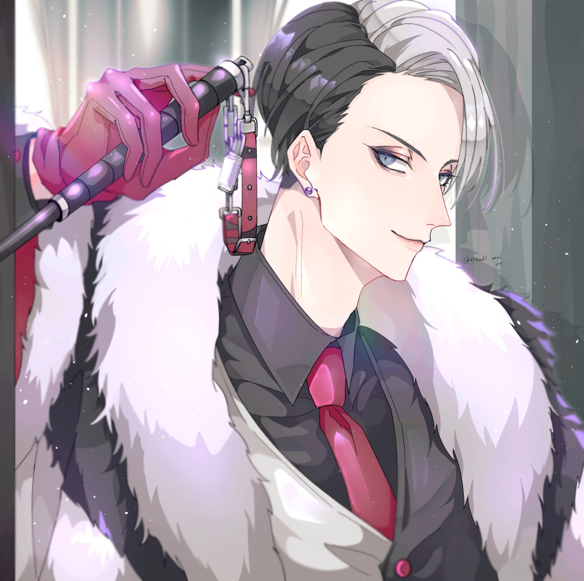 1boy, absurdres, baton, blue_eyes, collar, divus_crewel, earrings, fur_scarf