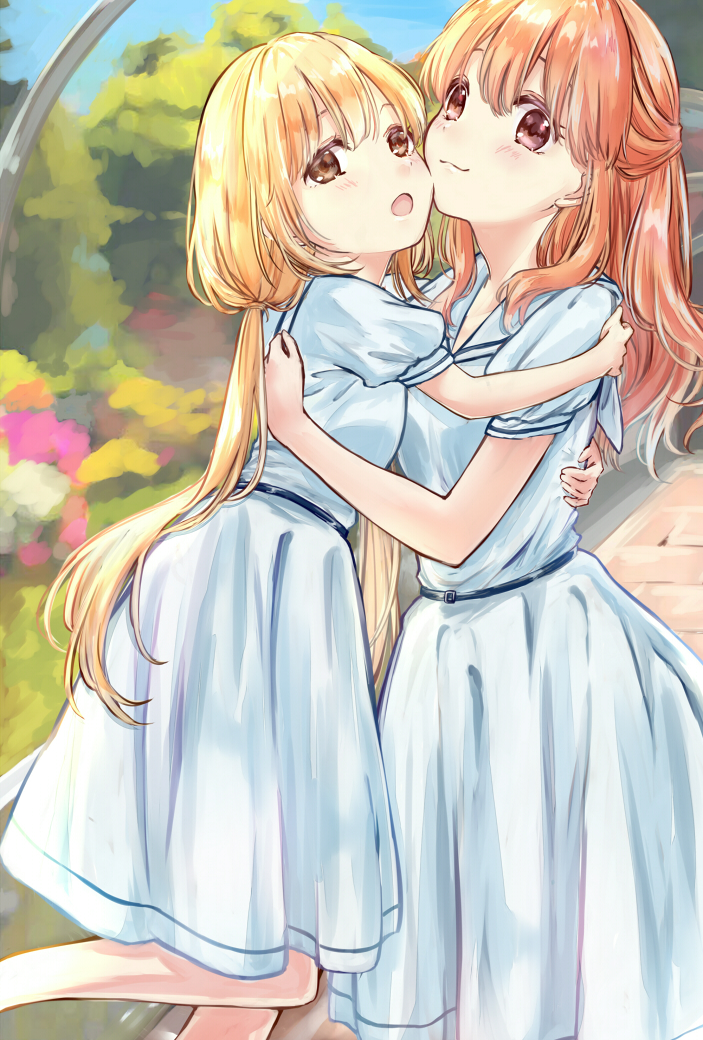 2girls, :3, aoba_yukichi, blonde_hair, blurry, blurry_background, blush, brown_eyes