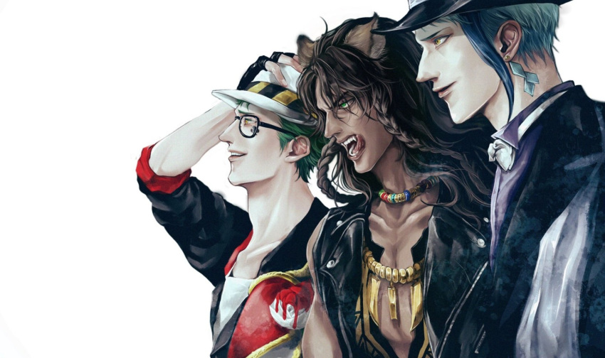 3boys, animal_ears, arm_up, black-framed_eyewear, black_hair, black_jacket, braid, collarbone
