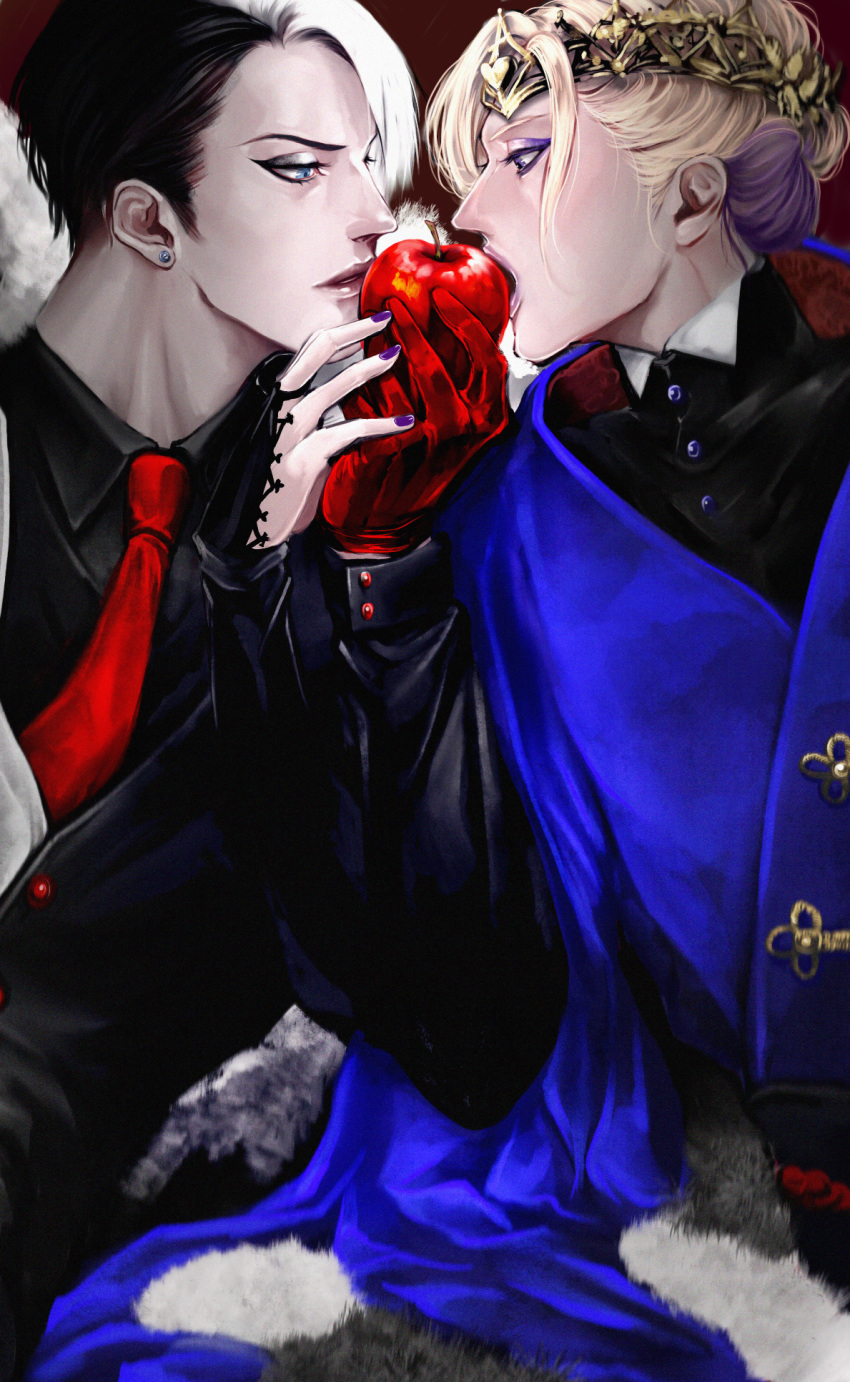 2boys, apple, black_hair, blonde_hair, blue_eyes, crown, divus_crewel, earrings